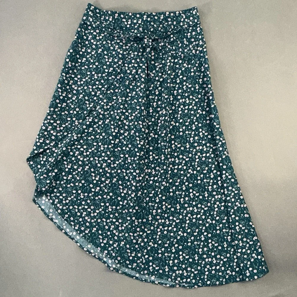 Green Floral Prairie Cottagecore Style High Low Skirt w/ Bow Size Large